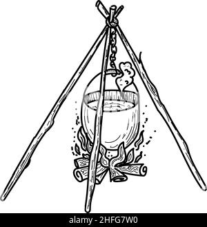 Hängender Bowler im Doodle-Stil, von Hand gezeichnet. Illustration für den lokalen Tourismus. Kessel mit Futter für Camper. Lagerfeuer mit Feuerholz. Zelten oder zelten Stock Vektor