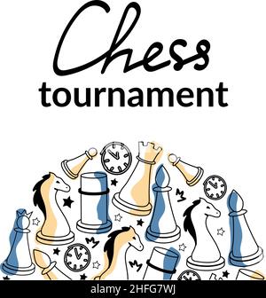 Flacher Style. Ein handgezeichneter Satz Schachelemente. Menschen spielen Schach. Gestapelte Stücke in einem Kreis gestapelt. Isolierte Vektorgrafik für Brettspiele Stock Vektor