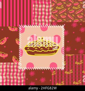 Patchwork-Nahtloses Muster. Kuchen, Backwaren, Käfig, Häkeln und Polka-Punkte. Guten Appetit. Ornamente in leuchtenden Farben. Vektorgrafik im flachen Stil. Stock Vektor