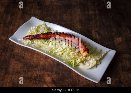 Trockener Krakenschenkel, nach der Tradition getrocknet, auf einem Bett aus gehacktem Kohl serviert. Typisches Gericht der tropischen Küste von Granada. Stockfoto