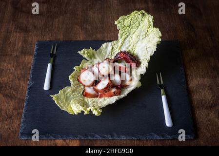 Trockener Krakenschenkel, nach der Tradition getrocknet, auf einem Bett aus gehacktem Kohl serviert. Typisches Gericht der tropischen Küste von Granada. Stockfoto