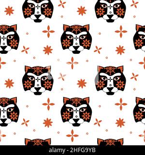 Muster mit Tiger Gesicht, Schnauze Tiger mit braunen Streifen, Symbol des neuen 2022 Jahr auf rotem Hintergrund. Vektorgrafik für Postkarte, Banner, Web, d Stock Vektor