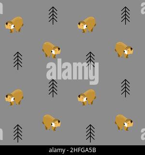 Nahtloses Muster mit Bär und Tanne. Nettes Waldtier auf grauem Hintergrund. Vektorgrafik. Stock Vektor