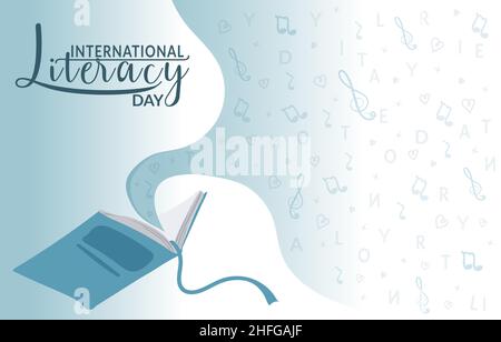 Illustration zum Internationalen Tag der Alphabetisierung in Form eines offenen Buches mit Buchstaben des Alphabets, Musiknoten und einem Violinschlüssel. Bildung oder r Stock Vektor