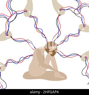 Das Konzept von Einfluss oder Manipulation. Die Hände anderer Menschen kontrollieren die Emotionen und den psychologischen Zustand einer Frau. Die Marionette unterwirft sich der Meinung o Stock Vektor