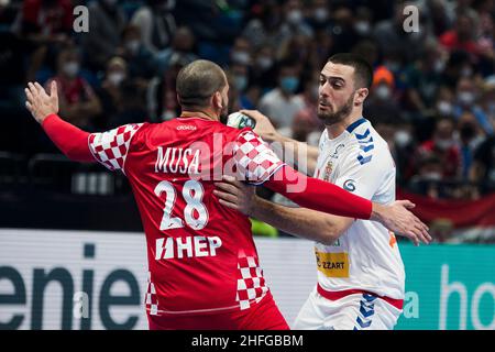 Szeged, Ungarn, 15th. Januar 2022. Stevan Sretenovic aus Serbien tritt beim EHF-EM-Spiel der Männer 2022 zwischen Kroatien und Serbien in Szeged, Ungarn, an. 15. Januar 2022. Kredit: Nikola Krstic/Alamy Stockfoto