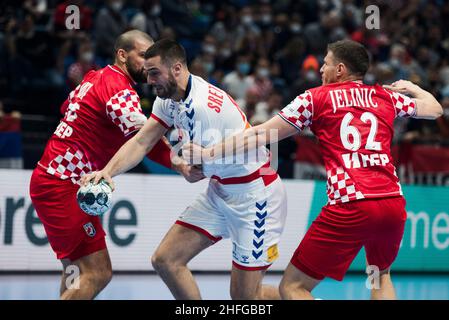 Szeged, Ungarn, 15th. Januar 2022. Stevan Sretenovic aus Serbien tritt beim EHF-EM-Spiel der Männer 2022 zwischen Kroatien und Serbien in Szeged, Ungarn, an. 15. Januar 2022. Kredit: Nikola Krstic/Alamy Stockfoto