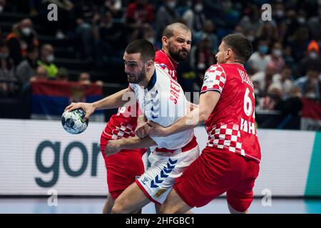 Szeged, Ungarn, 15th. Januar 2022. Stevan Sretenovic aus Serbien tritt beim EHF-EM-Spiel der Männer 2022 zwischen Kroatien und Serbien in Szeged, Ungarn, an. 15. Januar 2022. Kredit: Nikola Krstic/Alamy Stockfoto