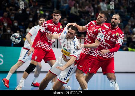 Szeged, Ungarn, 15th. Januar 2022. Stevan Sretenovic aus Serbien tritt beim EHF-EM-Spiel der Männer 2022 zwischen Kroatien und Serbien in Szeged, Ungarn, an. 15. Januar 2022. Kredit: Nikola Krstic/Alamy Stockfoto