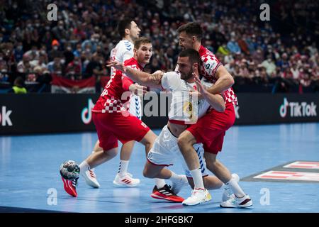 Szeged, Ungarn, 15th. Januar 2022. Stevan Sretenovic aus Serbien tritt beim EHF-EM-Spiel der Männer 2022 zwischen Kroatien und Serbien in Szeged, Ungarn, an. 15. Januar 2022. Kredit: Nikola Krstic/Alamy Stockfoto