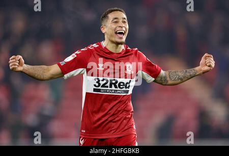 Marcus Tavernier von Middlesbrough feiert nach dem Sky Bet Championship-Spiel im Riverside Stadium, Middlesbrough. Bilddatum: Samstag, 15. Januar 2022. Stockfoto