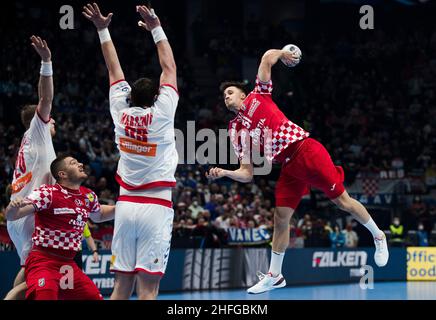Szeged, Ungarn, 15th. Januar 2022. Ivan Martinovic aus Kroatien tritt beim EHF-EM-Spiel der Männer 2022 zwischen Kroatien und Serbien in Szeged, Ungarn, an. 15. Januar 2022. Kredit: Nikola Krstic/Alamy Stockfoto