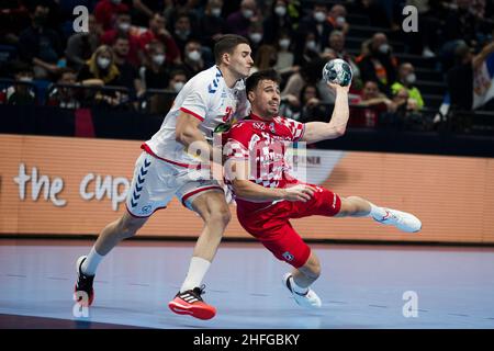 Szeged, Ungarn, 15th. Januar 2022. Ivan Martinovic aus Kroatien tritt beim EHF-EM-Spiel der Männer 2022 zwischen Kroatien und Serbien in Szeged, Ungarn, an. 15. Januar 2022. Kredit: Nikola Krstic/Alamy Stockfoto