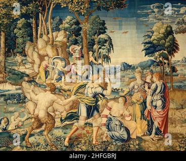 Pomona überrascht von Vertumnus und anderen Freiern, aus der Geschichte von Vertumnus und Pomona, Brüssel, 1535/40. Detail aus einem größeren Kunstwerk. Stockfoto