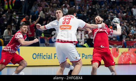 Szeged, Ungarn, 15th. Januar 2022. Sime Ivic aus Kroatien tritt beim EHF-Europameisterschaftsspiel der Männer 2022 zwischen Kroatien und Serbien in Szeged, Ungarn, an. 15. Januar 2022. Kredit: Nikola Krstic/Alamy Stockfoto
