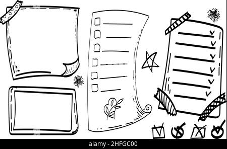 Doodle-Skizzenstil. Handgezeichnete Papieraufkleber für Notizen. Papier-Erinnerungsaufkleber, Text. Vektorgrafik. Stock Vektor