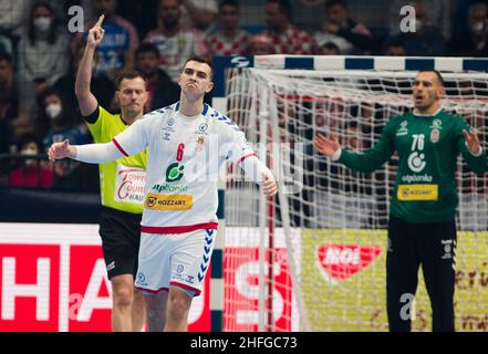 Szeged, Ungarn, 15th. Januar 2022. Uros Borzas aus Serbien reagiert während des EHF-EM-Mannschaftsspiel 2022 zwischen Kroatien und Serbien in Szeged, Ungarn. 15. Januar 2022. Kredit: Nikola Krstic/Alamy Stockfoto