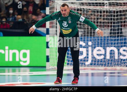 Szeged, Ungarn, 15th. Januar 2022. Vladimir Cupara aus Serbien reagiert während des EHF-EM-Mannschaftsspiel 2022 zwischen Kroatien und Serbien in Szeged, Ungarn. 15. Januar 2022. Kredit: Nikola Krstic/Alamy Stockfoto