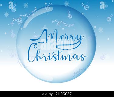 Frohe Weihnachten Grußkarte oder Banner mit Schriftzügen und niedlichen Saisonelementen in runder Form. Transparente Kugel einer Glaskugel. Handgezogener Vec Stock Vektor