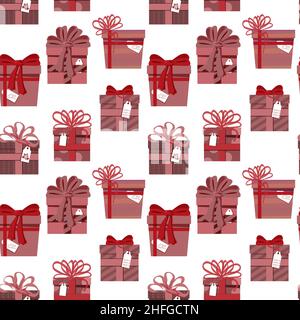 Nahtloses Muster aus der Kollektion von Weihnachtsgeschenken, Set aus verschiedenen Boxen. Vektorgrafik in einem flachen Stil. Stock Vektor