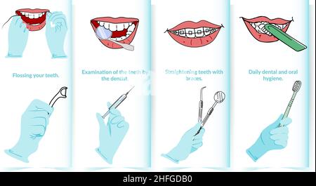 Vektor-Set von verschiedenen professionellen Karten für Zahnärzte. Informationen zur Mundhygiene. Zahnseide, Zahninstrumente, Zahnspangen und Zahnbürste. Stock Vektor