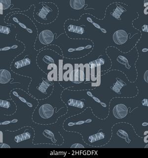 Nahtloses Muster von Elementen auf dunklem Hintergrund. Faden, Spulen und eine Kugel aus Faden. Handgefertigt. Werkzeuge für Nadelarbeit. Vektor mit flachem Stil. Stock Vektor