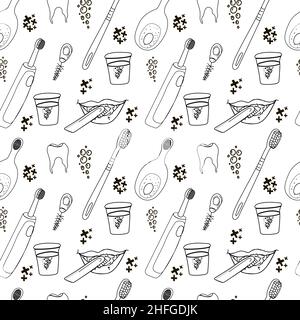 Nahtloses Zahnmuster. Weiße lineare Symbole. Blauer Hintergrund flaches Design. Vektorgrafik Stock Vektor