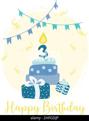 Postkarte mit niedlichen Geschenken, Kuchen mit Kerzenschein, Geburtstagsfahnen, Süßigkeiten. Alles Gute zum Geburtstag. Grußkartenvorlage mit niedlichen Elementen. Vektorgrafik Stock Vektor