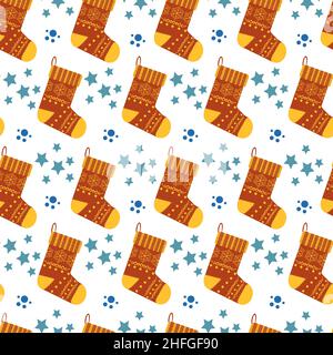 Nahtloses Muster auf weißem Hintergrund. Niedliche Socken mit Bildern. Sterne, Tupfen und Weihnachtssocken. Vektor im flachen Stil. Stock Vektor