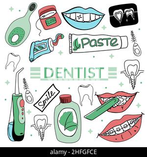 Zahnmedizin Doodle Konzept für ein Banner. Vorlage für eine Broschüre mit Mundhygienewerkzeugen und anderen gedruckten Materialien. Zahnpasten und Bürsten, ein Lächeln w Stock Vektor