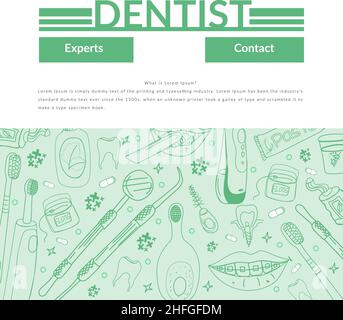 Frau Zahnärztin und Patientin während des zahnärztlichen Eingriffs. Zahnarztpraxis, Werkzeuge und Geräte. Doodle Konzept der Zahnmedizin für Web-Banner, Helden-Bilder und pri Stock Vektor