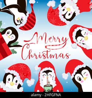 Grußkarte mit Weihnachtspinguinen. Geschenk, Girlande, Kakao und Postkarte. Vektorgrafik in einem flachen Stil. Stock Vektor