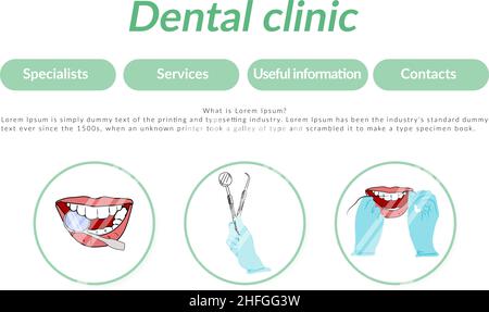 Zahnmedizin Doodle Vorlage für Web-Banner. Zahnseide, zahnärztliche Kontrolle, Zahnreinigung. Weiße Zähne putzen. Gesunder Lebensstil und Zahnpflege. Stock Vektor