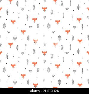 Red Fox Cartoon und Forrest nahtlose Muster. Ethno-Design mit Fuchs, Feder und Blättern, orange und schwarz. Stock Vektor