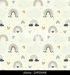 Regenbogen und Herzen pastellfarben, nahtlos in Pastellform. Regenbogen mit Wolken handgezeichnete Doodle niedlichen Baby oder Kinder drucken. Stock Vektor