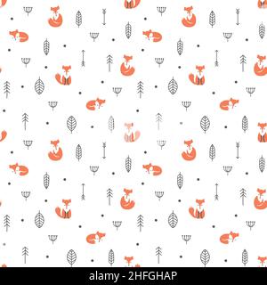 Red Fox Cartoon und Forrest nahtlose Muster. Ethno-Design mit Fuchs, Feder und Blättern, orange und schwarz. Stock Vektor