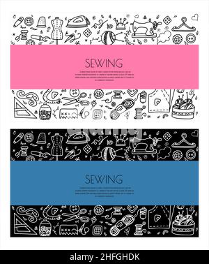 Vector Doodle Nähen Banner. Symbole für Vektoranpassungswerkzeuge. Nähen Schaufensterpuppe, Maschine, Mess-und Schneidbedarf, Black Outline. Skizze mit Stock Vektor