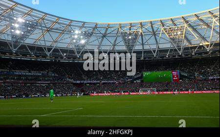 LONDON, UK JAN 16th ein Spielfoto des London Stadions während des Premier League-Spiels zwischen West Ham United und Leeds United am Sonntag, 16th. Januar 2022 im London Stadium, Stratford. (Kredit: Michael Driver | MI Nachrichten) Kredit: MI Nachrichten & Sport /Alamy Live Nachrichten Stockfoto