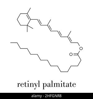 Retinyl Palmitate Vitamin supplement Molekül. Ester von Vitamin A (Retinol) und Palmitinsäure. Skelettmuskulatur Formel. Stock Vektor