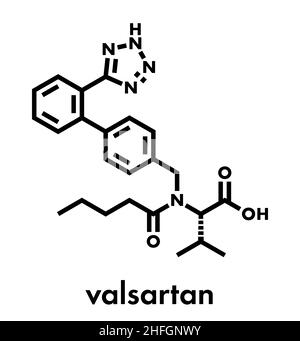 Valsartan Bluthochdruck (Hypertonie) Droge. Hemmer des Angiotensin-II-Rezeptor. Skelettmuskulatur Formel. Stock Vektor