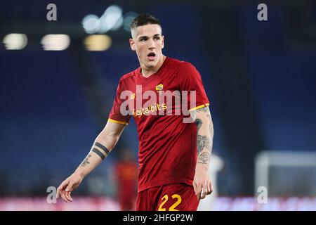 Rom, Italien. 16th Januar 2022. Nicolo' Zaniolo von Roma reagiert während der italienischen Meisterschaft Serie A Fußballspiel zwischen AS Roma und Cagliari Calcio am 16. Januar 2022 im Stadio Olimpico in Rom, Italien - Foto Federico Proietti / DPPI Credit: DPPI Media/Alamy Live News Stockfoto