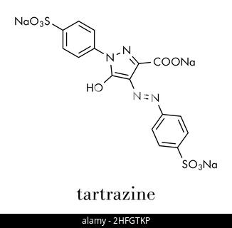 Tartrazin (E102) Lebensmittelfarbe Molekül. Gelbe AZO-Farbstoffe in Lebensmitteln, Getränken, Pharmazeutika, etc. Allergene verwendet. Skelettmuskulatur Formel. Stock Vektor