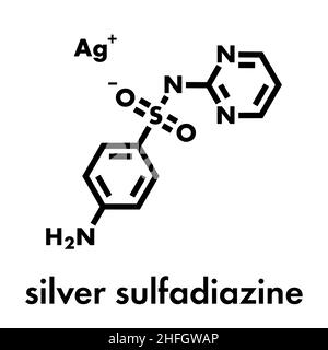 Silbersulfadiazin antibakterielles Medikament Molekül. Bei der Behandlung von Wunden und Verbrennungen verwendet. Skelettmuskulatur Formel. Stock Vektor