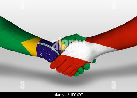 Handschlag zwischen argentinischen und brasilianischen Flaggen auf Händen gemalt, Illustration mit Abschneideweg. Stockfoto