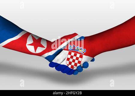 Handschlag zwischen china und Nordkorea Flaggen auf Händen gemalt, Illustration mit Schneideweg. Stockfoto