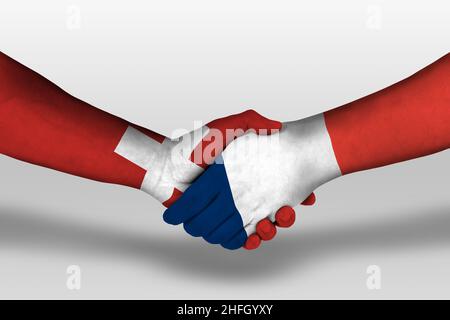 Handschlag zwischen flaggen der europäischen Union und der schweiz auf Händen gemalt, Illustration mit Abschneideweg. Stockfoto