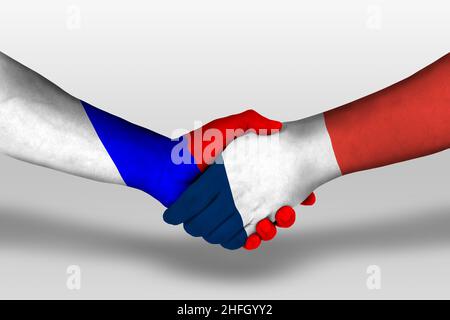 Handschlag zwischen flaggen der europäischen Union und russlands auf Händen gemalt, Illustration mit Abschneideweg. Stockfoto