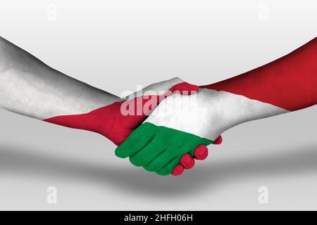 Handschlag zwischen deutschland und polen Flaggen auf Händen gemalt, Illustration mit Abschneideweg. Stockfoto
