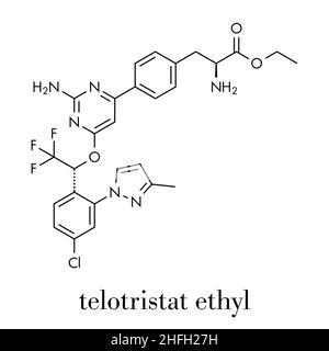 Telotristat Ethyl Wirkstoffmolekül (Tryptophan-Hydroxylase-Hemmer). Skelettformel. Stock Vektor