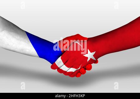 Handschlag zwischen türkischen und russischen Flaggen auf Händen gemalt, Illustration mit Abschneideweg. Stockfoto